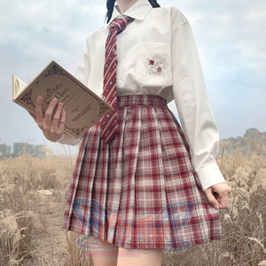 Soft Girl Versatile Wine Red Plaid Elastic Pleated Uniform Skirt - cosfun