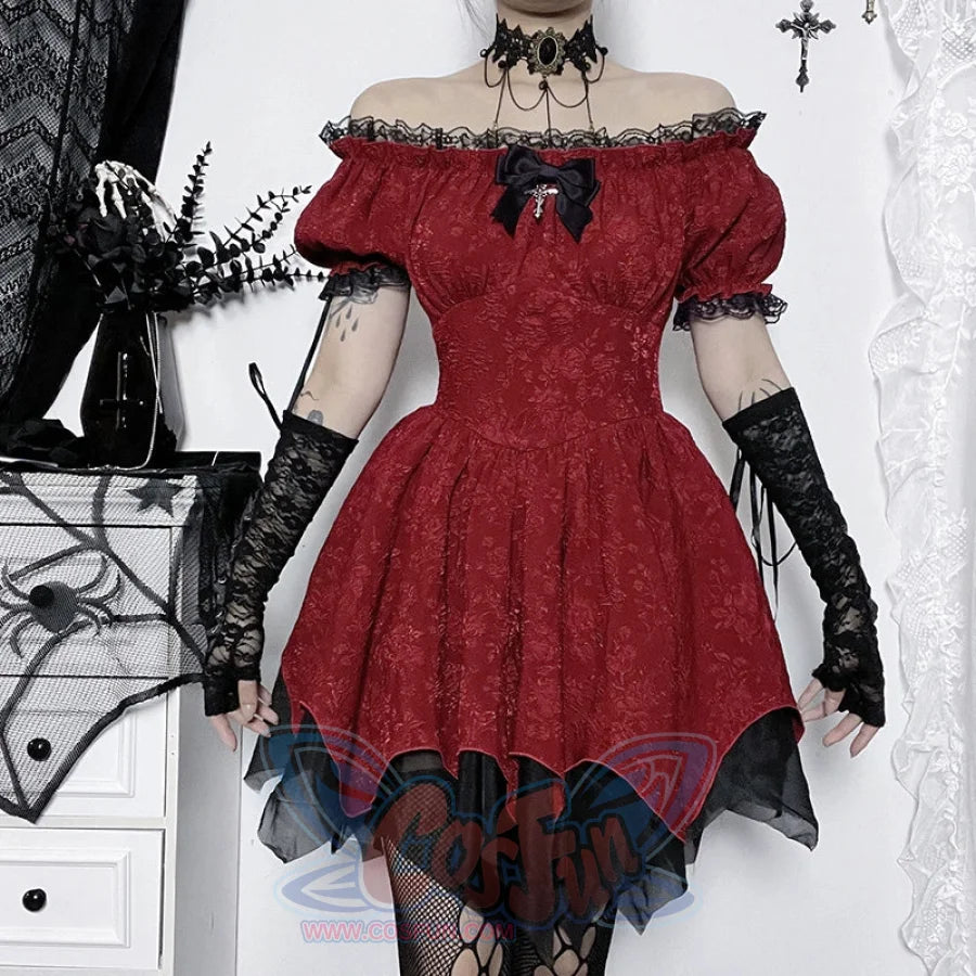 red puffy dress Gothic Lolita Dresses Lace Up Ruffles Jacquard Color Block Red Red