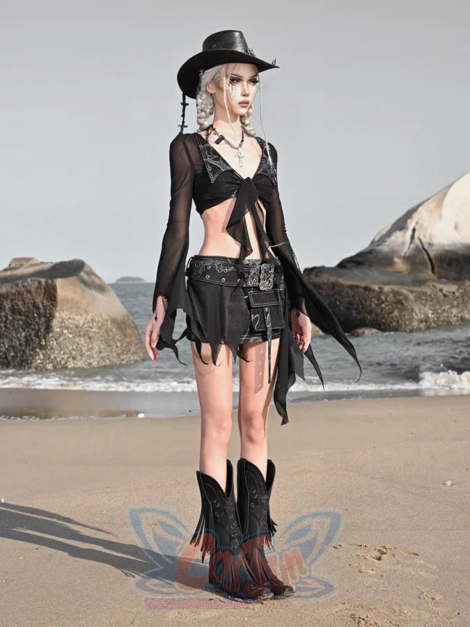 Short Millennial Hottie Stretch Denim Mesh Tie Cardigan Top