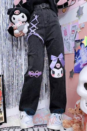 Cartoon Printed Loose Ribbon Bow Denim Trousers S22163 - cosfun