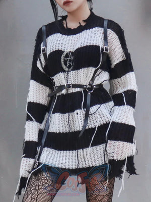 Dark Stripe Hole Knit Punk Street Pullover Round Neck Loose Sweater Girl - cosfun