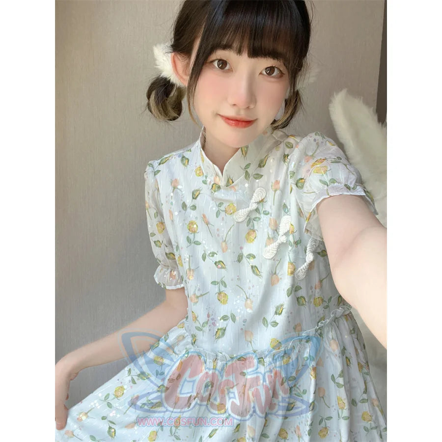 Soft Girl Floral Bubble Sleeve Cute Modified Qipao Dress - cosfun