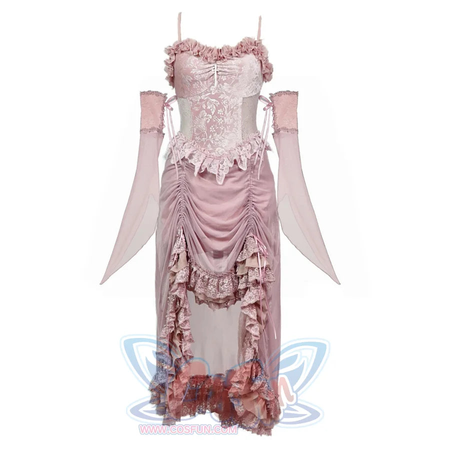 Summer Romantic Gothic Velvet Drawstring Pink Lace Suspender Dress S22015 S / Dress + Sleeve
