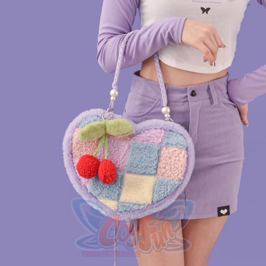 Heart-shaped Cherry Plush Shoulder Bag Light Purple (with short strap)