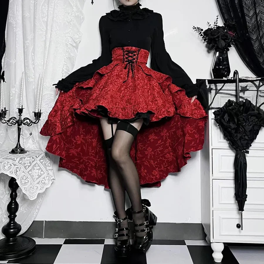 red lolita dress Sweet Princess Kawaii Palace Style Lace Bow Fairy Cosplay Gothic Party Mini Dresses Lolita Jsk Outfit 29.13 10.43 15.16 43.31 L 35.43 Cute Red Lolita Dress Set