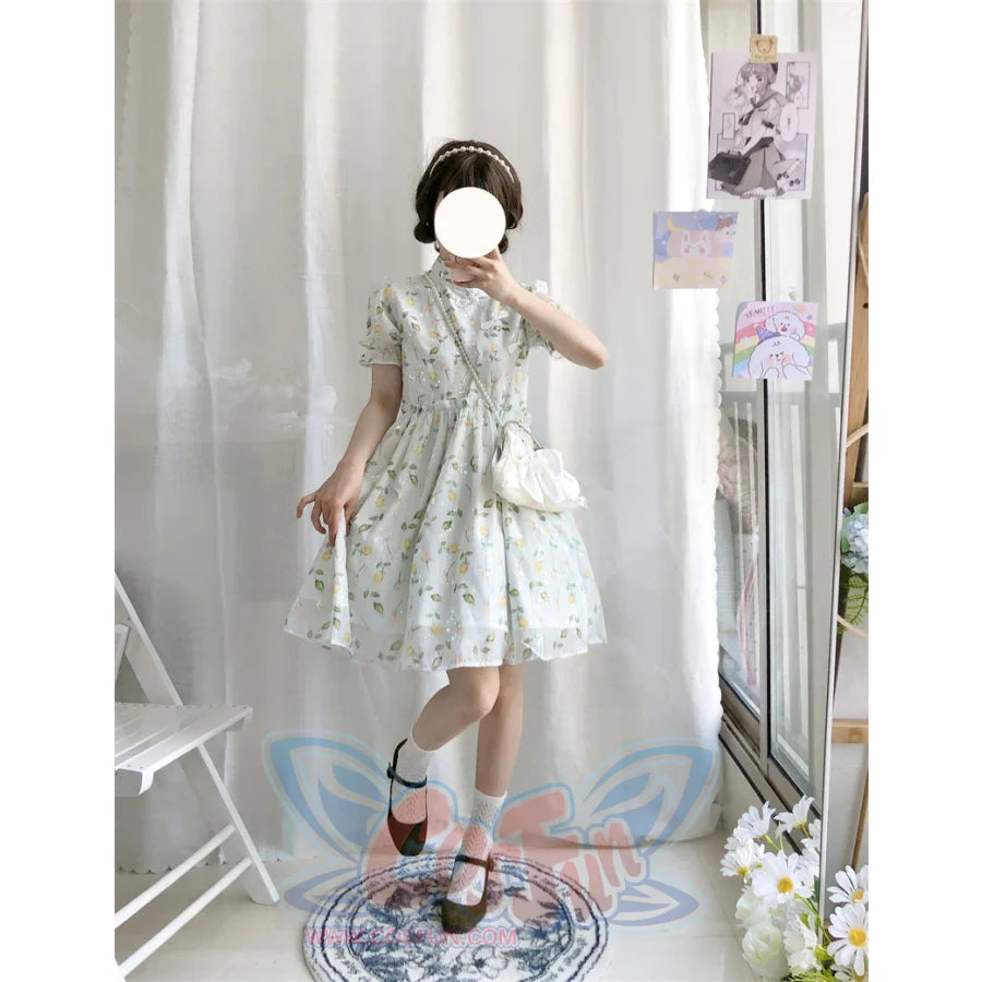 Soft Girl Floral Bubble Sleeve Cute Modified Qipao Dress - cosfun