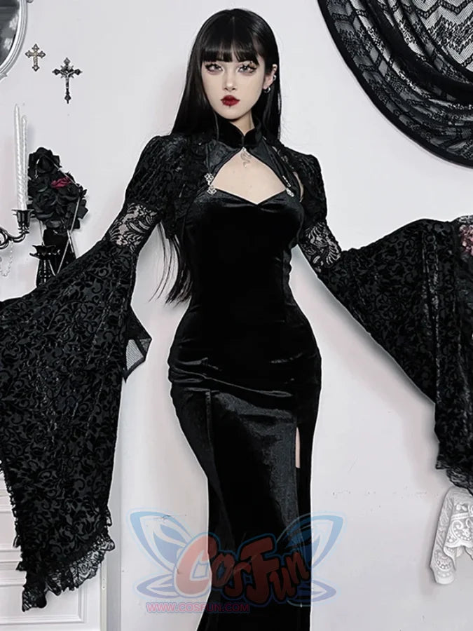 Halloween Gothic Court Style Black Shawl Cheongsam Set / S