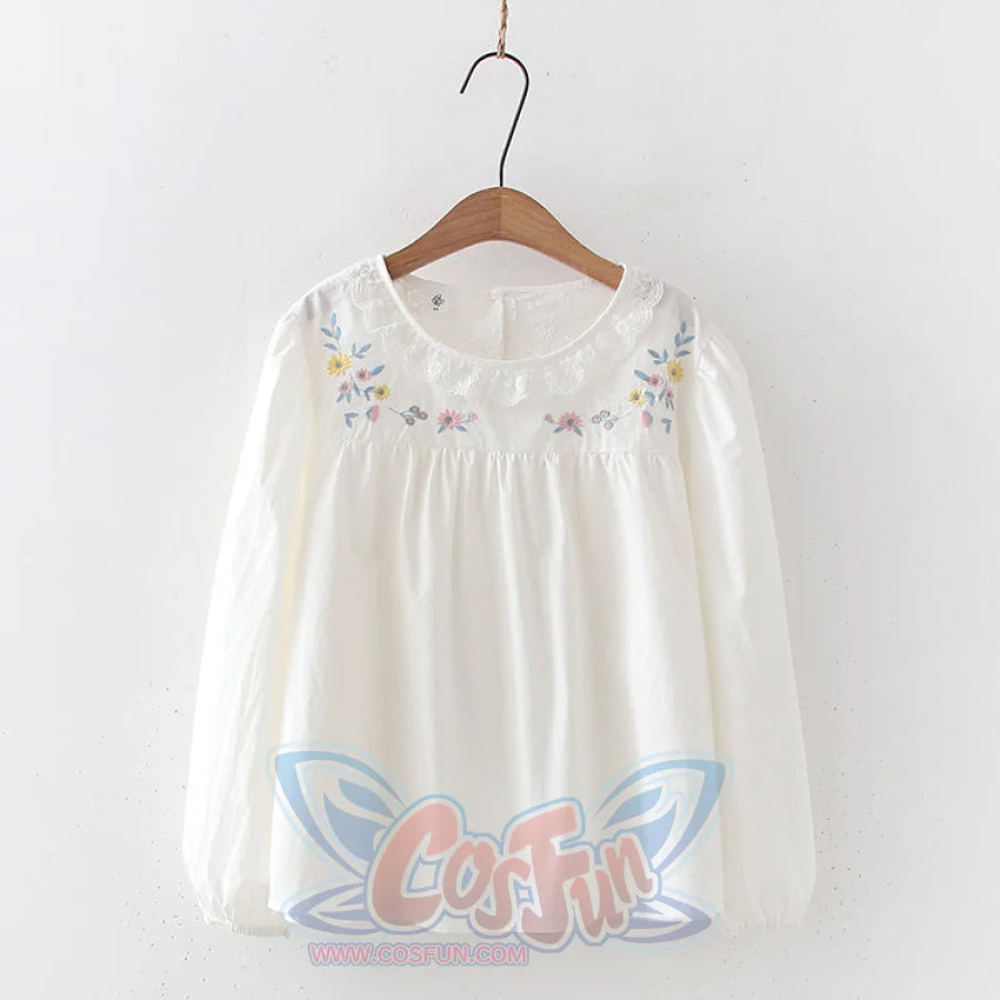 Sweet Lace Collar Floral Embroidery Long Sleeve Shirt Floret / M