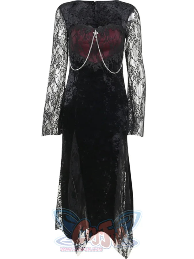 Halloween Vampire Red Lace Fishtail Special Style Long Dress - cosfun Halloween Vampire Red Lace Fishtail Special Style Long Dress - cosfun