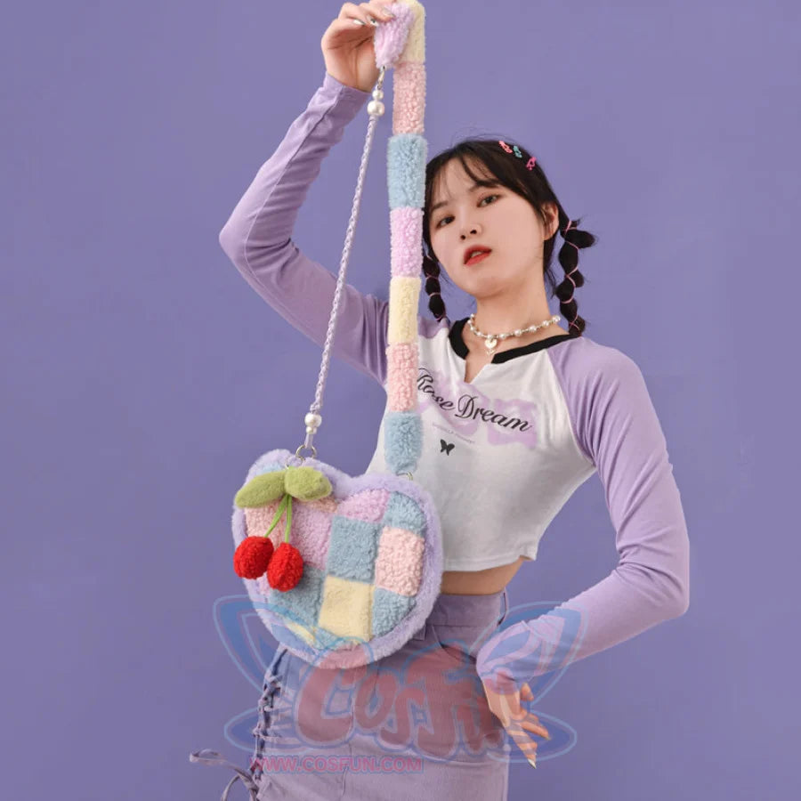 Heart-shaped Cherry Plush Shoulder Bag Purple (with splicing strap)