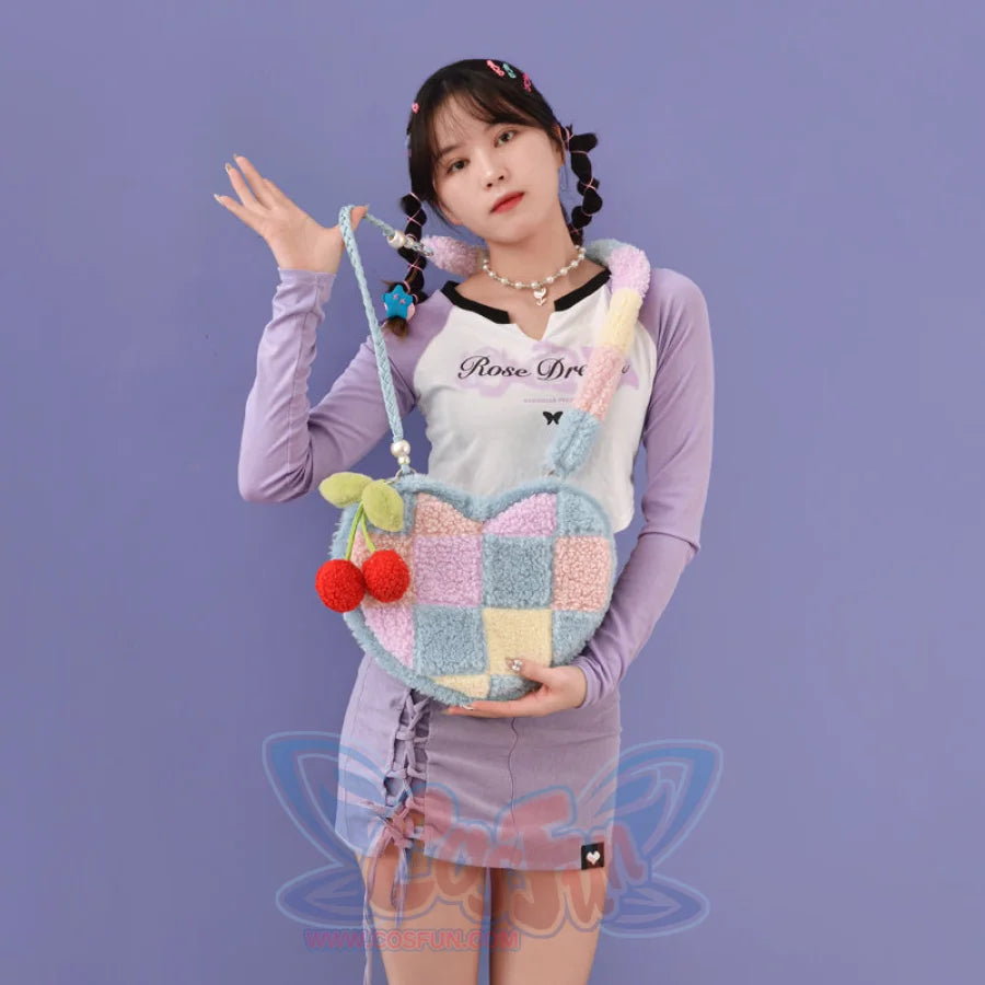 Heart-shaped Cherry Plush Shoulder Bag Blue (with splicing strap)