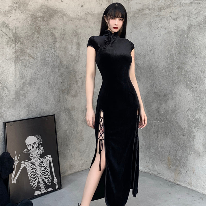 Velvet High Waist Slit Short Sleeve Improved Cheongsam Dress - cosfun