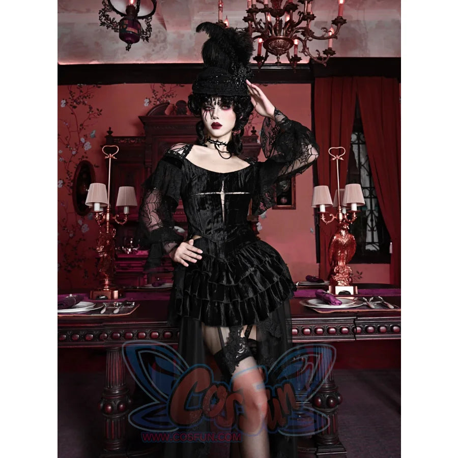 Gothic Velvet Slim Lace Lantern Sleeve Halloween Top - cosfun