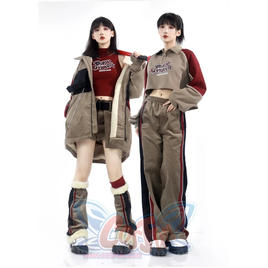 Khaki Striped Velvet Patchwork Slim Skirt Pants Sweater Suit S22429