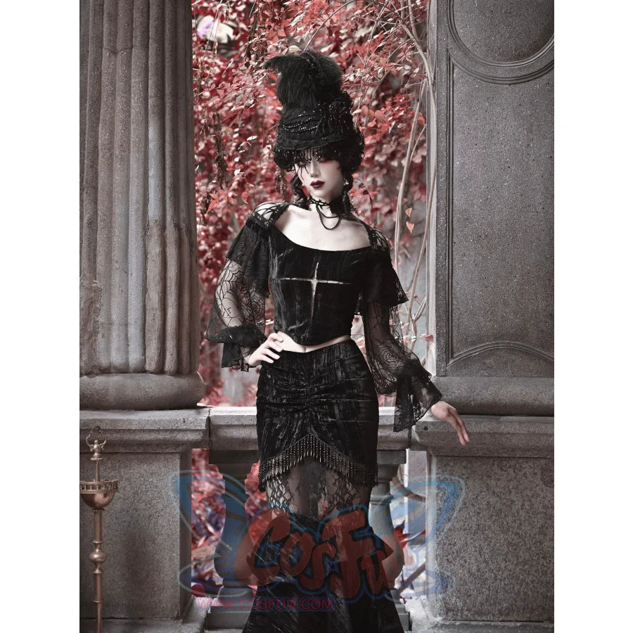 Gothic Velvet Slim Lace Lantern Sleeve Halloween Top - cosfun