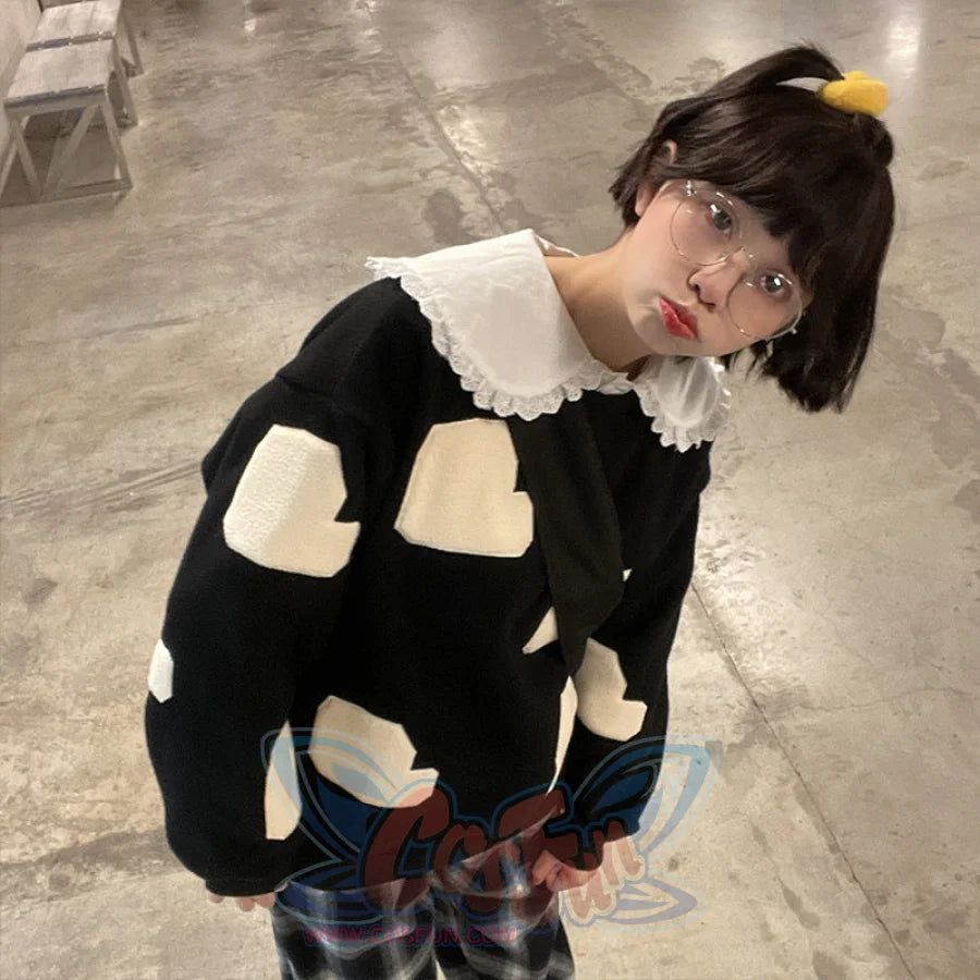 Baby Collar Fleece Black Hoodie - cosfun