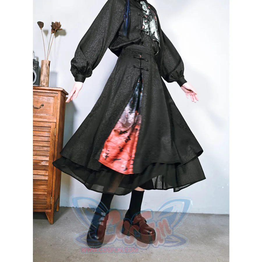 Chinese Style Spliced Printed A-line High Waist Mid Length Skirt