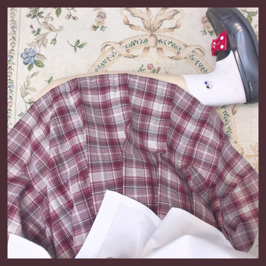 Soft Girl Versatile Wine Red Plaid Elastic Pleated Uniform Skirt - cosfun