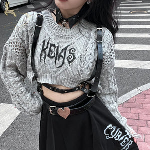 College Style Open Waist Round Neck Knitted Top Grey / Top + Belt