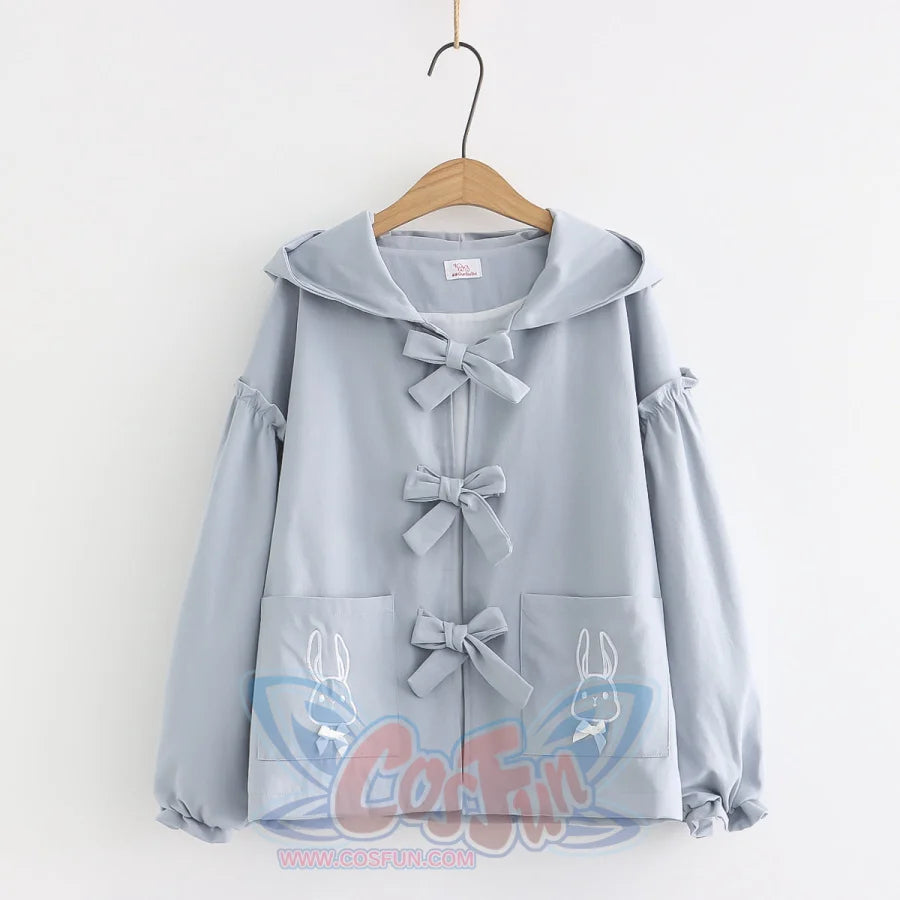Soft Girl Sweet Bowknot Hooded Short Coat Blue