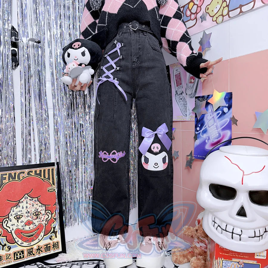 Cartoon Printed Loose Ribbon Bow Denim Trousers S22163 - cosfun