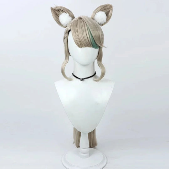 COSFUN Genshin Impact Lynette cosplay wig layers blonde-grey tones and anchors a green streak beside detachable ears.