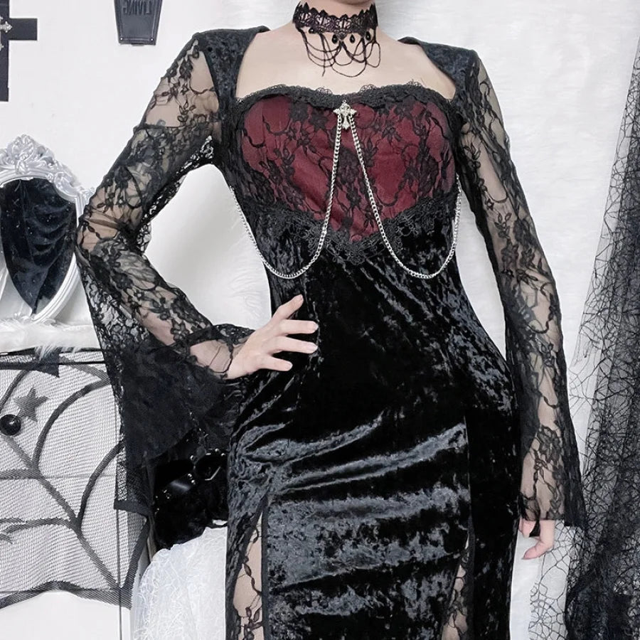 long vampire dress Gothic Victorian Velvet and Lace Vampire Gown Dress Corset Women's Costume The Masquerade Cosplay Reminisce Brand 8-10