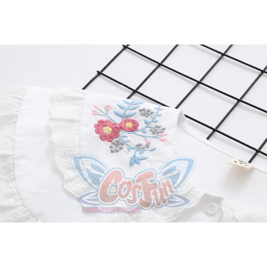 Sweet Embroidery Lace Doll Neck Long Sleeve Shirt White