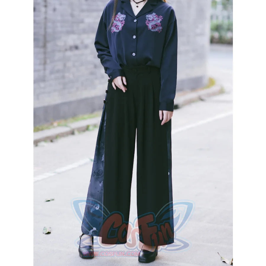 Chinese Style Stitched Wide Leg Pants Retro High Waist Hanging Feeling Loose Pants S20198 Pants