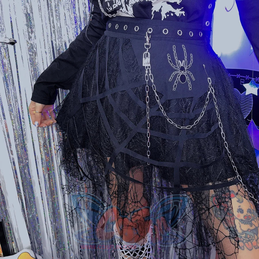 Punk Spider Chain Irregular Lace Skirt - cosfun