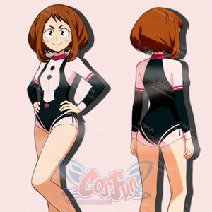 My Hero Academia Ochaco Uraraka Uravity cosplay bodysuit layers pink striped cuffs over white long sleeves.