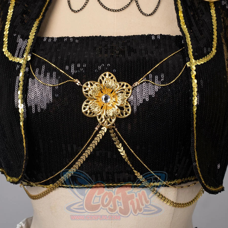 Ornate Mira&#39;s costume decoration featuring a gold floral ornament with central gem, connected by multiple gold chains, on black sequined fabric, for cosplay or stage use.