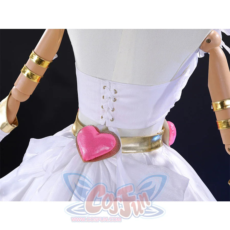 Back waist detail of Panty cosplay costume with white corset-style lacing, pink heart belt buckle, and golden arm bands