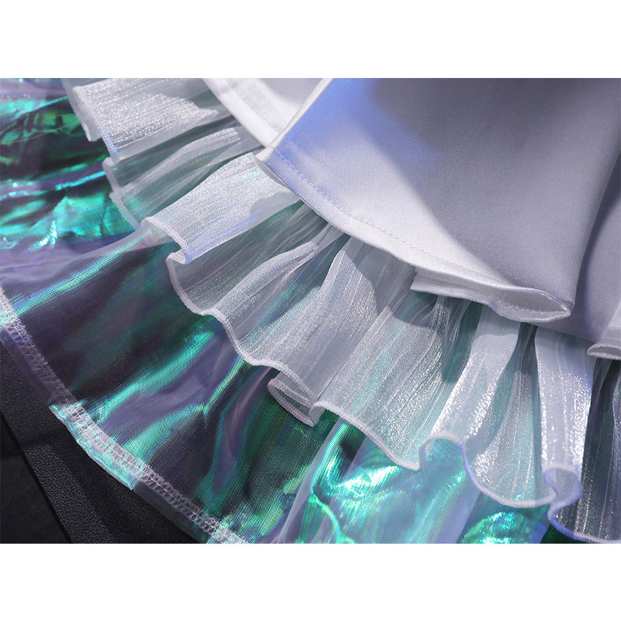 Panty cosplay costume fabric material detail showing iridescent holographic trim with white tulle layers