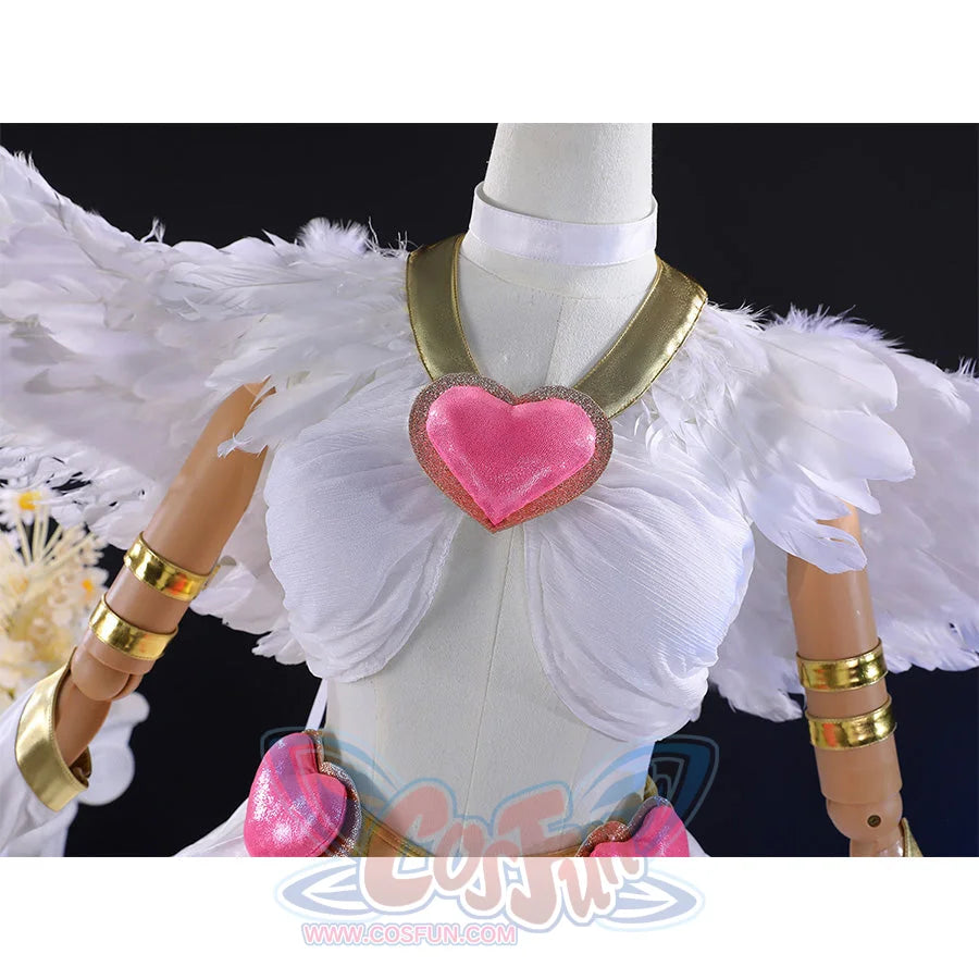 Close-up detail of Panty cosplay costume bodice with pink heart necklace, golden collar, white wings, and golden arm bands