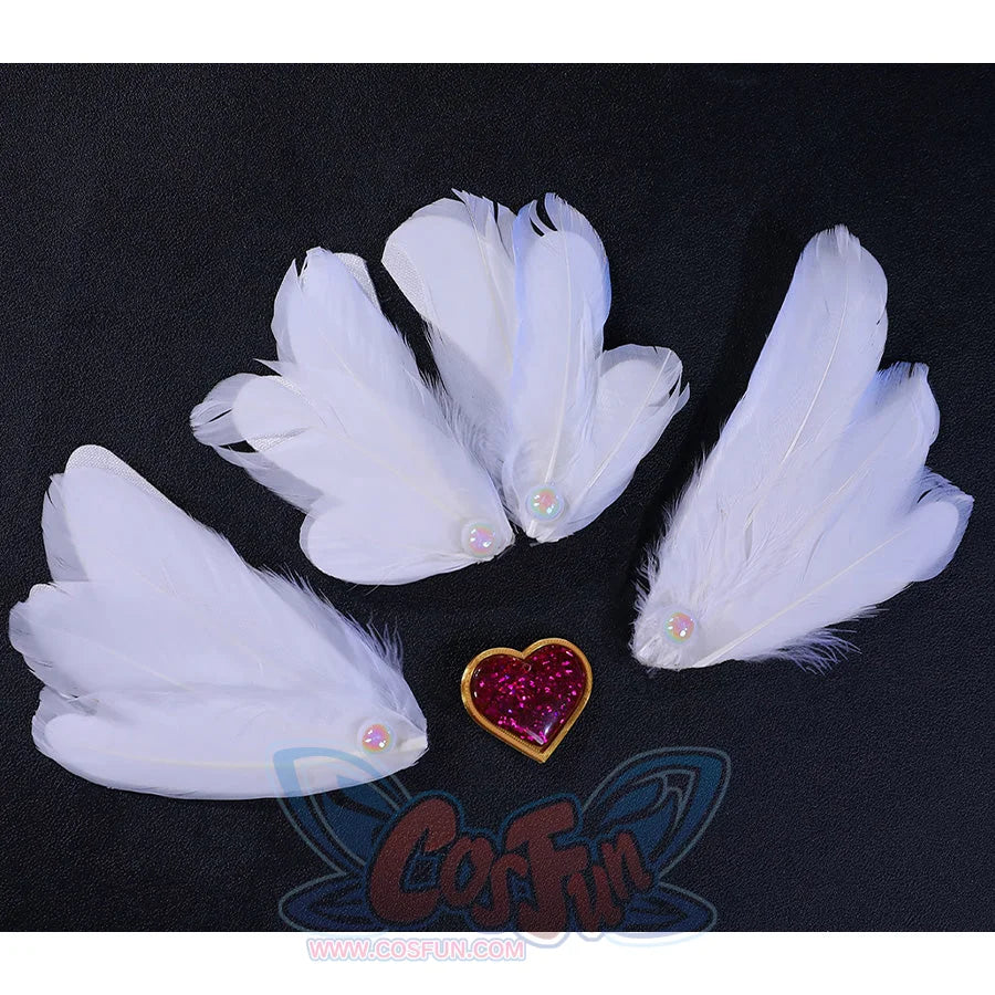 Panty cosplay costume individual white feather angel wing pieces and pink heart brooch with gemstones