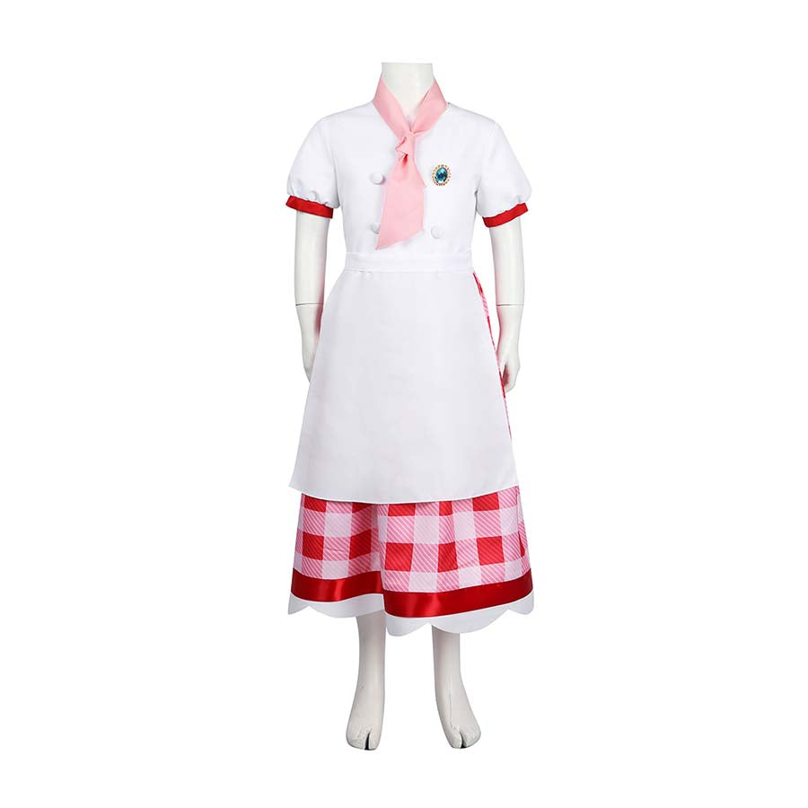 Patissiere Peach costume laid out on a mannequin, showing the full front design with scarf and checkered skirt.