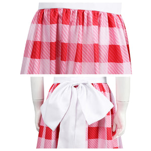 Features the checkered skirt with pink and white tones, red square patterns, and a white apron with a bow at the back.