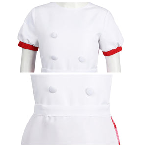 Back view of the top part of the Patissiere Peach costume, showing the simple white design and zipper.