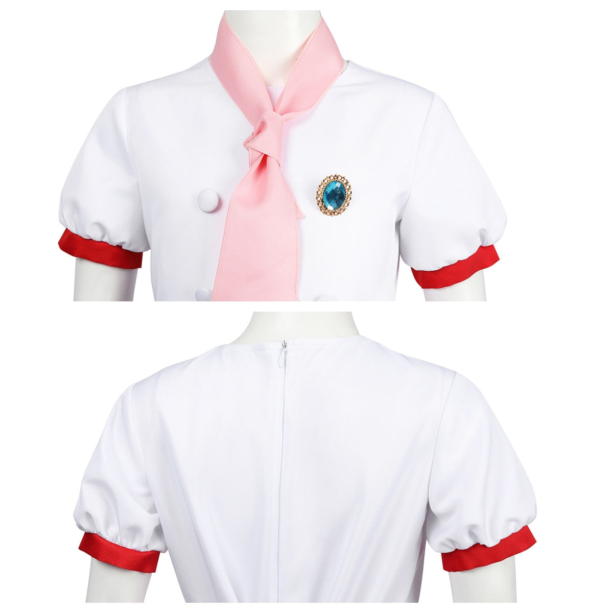 Close - up of the top section of the Patissiere Peach costume, highlighting the pink scarf and decorative badge.