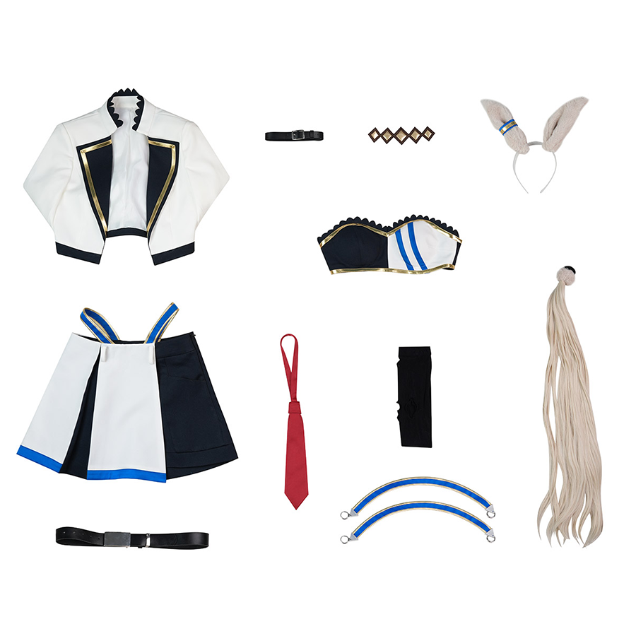 Pretty Derby Oguri Cap Cosplay Costume, includes ear headband, diamond-shaped hair accessory, choker, tie, top, coat, culottes, belts, crotch straps, thigh-high stocks, tail.