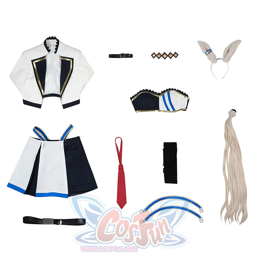 Pretty Derby Oguri Cap Cosplay Costume, includes ear headband, diamond-shaped hair accessory, choker, tie, top, coat, culottes, belts, crotch straps, thigh-high stocks, tail.