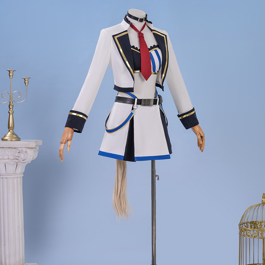 Pretty Derby Oguri Cap Cosplay Costume, white, blue and black outfit with red tie.