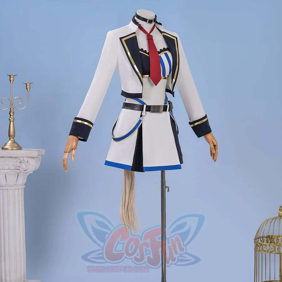 Pretty Derby Oguri Cap Cosplay Costume, white, blue and black outfit with red tie.