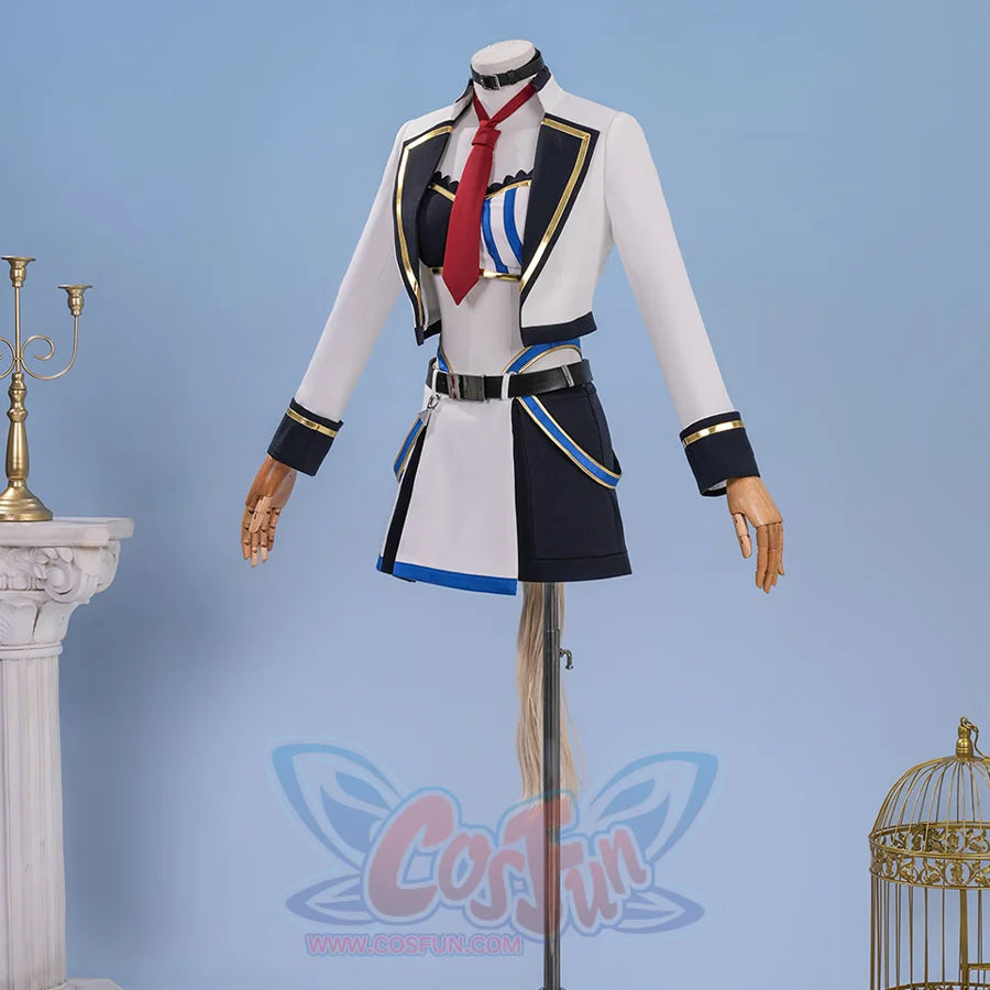 Pretty Derby Oguri Cap Cosplay Costume, white and black outfit with blue and gold decoration.
