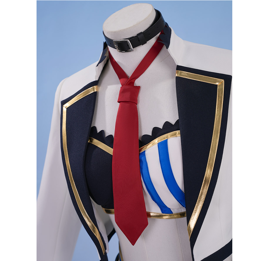 Pretty Derby Oguri Cap Cosplay Costume, the top is black with blue and white stripes and has gold trim.
