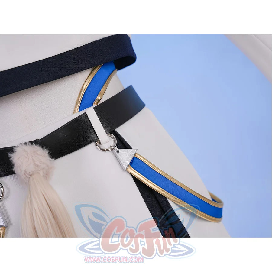 Pretty Derby Oguri Cap Cosplay Costume, back PU leather belt and two deep blue straps, back view.