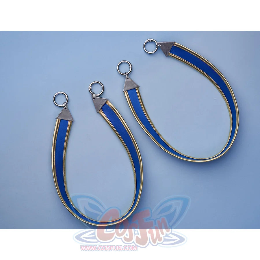 Pretty Derby Oguri Cap Cosplay Costume, blue and gold straps with two hooks at the end.