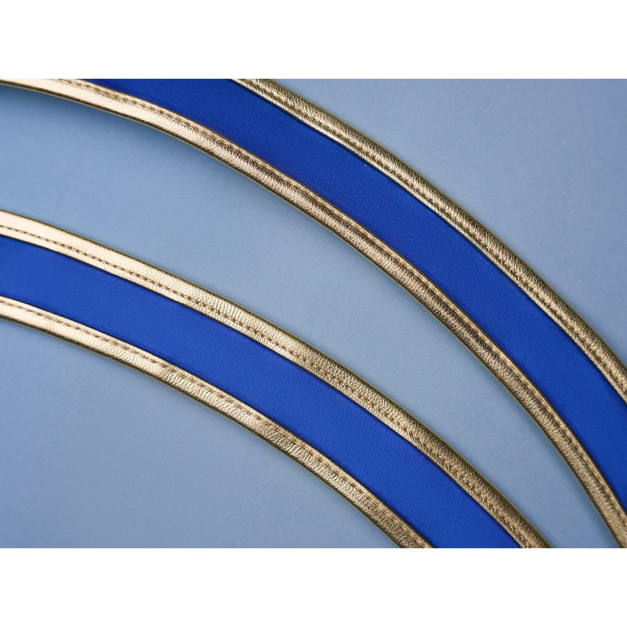 Pretty Derby Oguri Cap Cosplay Costume, blue and gold PU leather straps.