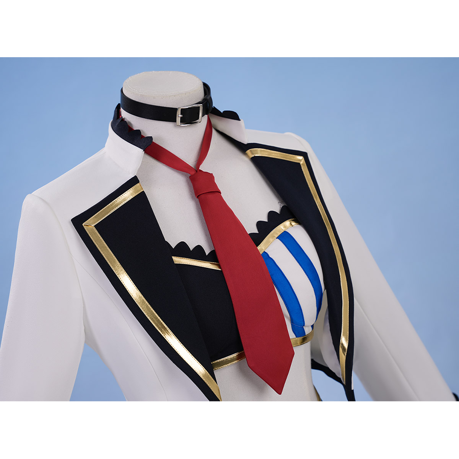 Pretty Derby Oguri Cap Cosplay Costume, the top is black with blue and white stripes and has gold trim.